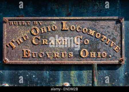 Targhetta di fabbrica su una locomotiva bucyrus gru a squamish Railway Museum vicino a Vancouver Foto Stock