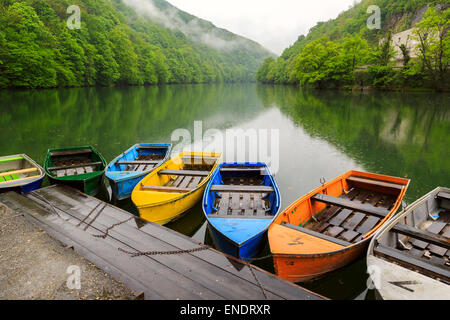 Barche sul lago Hamori vicino a Lillafured in Ungheria Foto Stock