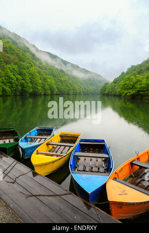 Barche sul lago Hamori vicino a Lillafured in Ungheria Foto Stock