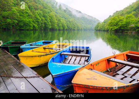 Barche sul lago Hamori vicino a Lillafured in Ungheria Foto Stock