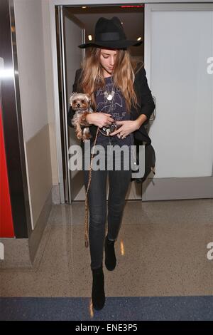 Ambra sentita indossando una grande corona diamantata sul suo matrimonio dito, partono dall'Aeroporto Internazionale di Los Angeles (LAX) indossa una vasta floppy colmato hat e trasportare il suo animale domestico Yorkshire Terrier cane nelle sue braccia con: ambra sentita dove: Los Angeles, California, Stati Uniti quando: 29 Ott 2014 Foto Stock