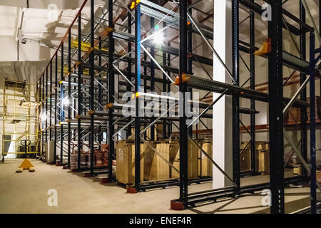 Magazzino interno con gli scaffali vuoti sulla fabbrica o impianto Foto Stock