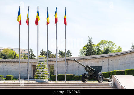 Il rumeno di bandiere e di guerra il cannone al mausoleo di eroi rumena a Bucarest Foto Stock