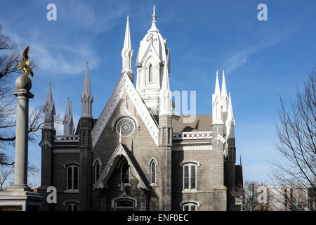 Salt Lake Assembly Hall sulla Piazza del Tempio di Salt Lake City, Utah, Stati Uniti d'America Foto Stock