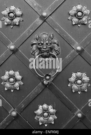 Lion paracolpi con anello sulla porta di metallo Foto Stock