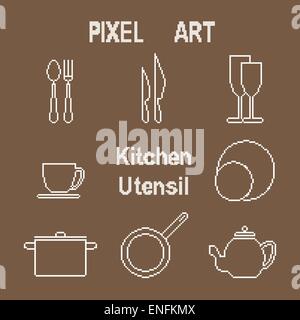 Icone vettoriali set di arnese da cucina in monocromia pixel art style Illustrazione Vettoriale