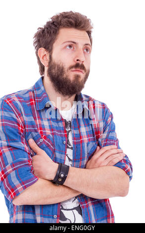 Gli uomini in plaid shirt nero e cinturino in pelle in studio Foto Stock