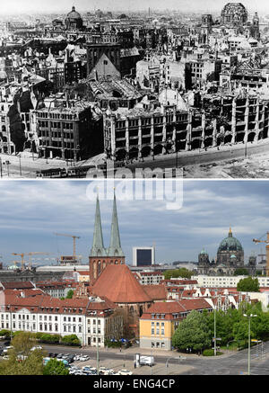 Berlino, Germania. 5th maggio, 2015. L'immagine aerea superiore mostra le rovine del Nikolaiviertel con la Chiesa di San Nicola e il distrutto edificio del Reichstag sulla sinistra, nonché la Cattedrale di Berlino a Berlino Mitte dopo la fine della seconda guerra mondiale nel 1945. L'immagine inferiore mostra la stessa vista 70 anni dopo il 05 maggio 2015. Fotoarchiv für Zeitgeschichtee e Jens Kalaene - attenzione! NO WIRE SERVICE - Credit: dpa picture Alliance/Alamy Live News Foto Stock