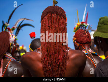 Guerrieri Rendille con lunghi capelli intrecciati, Lago Turkana, Loiyangalani, Kenya Foto Stock