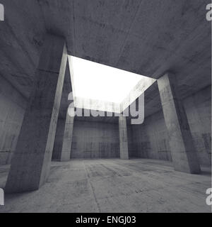 Abstract architettura sfondo, vuota di calcestruzzo scuro sala interna con colonne e apertura nel soffitto, 3d illustrazione Foto Stock