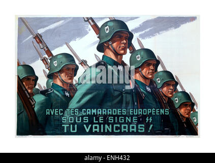 WAFFEN SS RECRUITMENT WW2 1943 poster di reclutamento propaganda in lingua francese ‘sotto le SS europee vincete’ per l’esercito militare tedesco delle SS seconda guerra mondiale Foto Stock