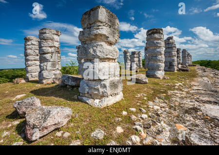 Colonne di pietra a Edificio de las Pilastras, rovine Maya a Ake, Yucatan, Messico Foto Stock
