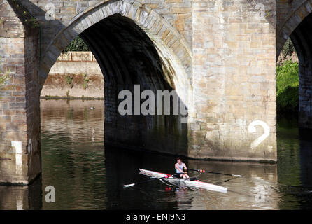 Un vogatore righe sul fiume indossare sotto Elvet Bridge in Durham City Foto Stock