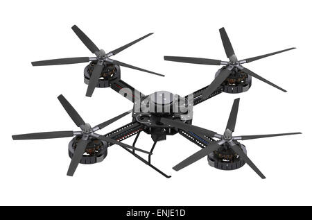 Quadcopter nero drone con fotocamera isolati su sfondo bianco Foto Stock