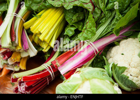 Rainbow organico le bietole e cavolfiore, Mercato degli Agricoltori, Santa Barbara, California, Stati Uniti d'America Foto Stock