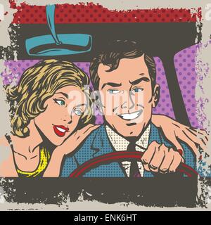 L uomo e la donna in auto pop arte fumetti in stile retrò halftone. Imitazione di vecchie illustrazioni. Effetto Delave vecchia carta Illustrazione Vettoriale