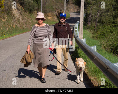 I vecchi donna e uomo a camminare un giallo labrador retriever in una giornata di sole Foto Stock