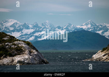 Uccelli a sud dell'isola di marmo, parco nazionale di Glacier Bay, Alaska sudorientale. Alla fine, Mt Bertha e Mt La Perouse nevicato. Così Foto Stock