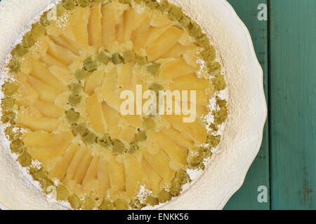 Rabarbaro apple vaniglia pan di spagna su piastra bianca e sfondo turchese con spazio di copia Foto Stock