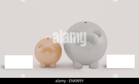 Due piggy con carta bianca, investire e salvare il concetto di business Foto Stock