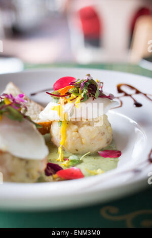 Uovo affogato sulla sommità di purea di patate, a sfere in un avocado salsa olandese con un micro-verde guarnite Foto Stock