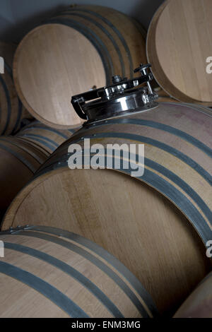 Botti accatastate in cantina e vigneti di Bordeaux, Francia Foto Stock