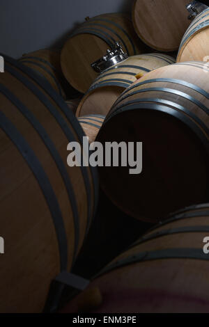 Botti accatastate in cantina e vigneti di Bordeaux, Francia Foto Stock