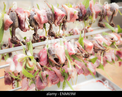 Gli uccelli allo spiedo con carne, pancetta e salvia pronti per la tostatura Foto Stock