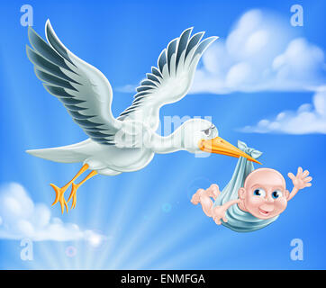 Una illustrazione di un cartone animato di cicogna volando attraverso il cielo offrendo un neonato. Una metafora classica per la gravidanza o bambino b Foto Stock