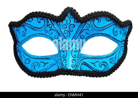 Blue ornati maschera di carnevale con legame nero su sfondo bianco Foto Stock