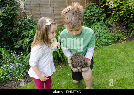 Bambino di nove anni che mostra i suoi due anni di suor un Riccio, Erinaceus europaeus, che si trovano nel giardino. Sussex, Regno Unito. Maggio. Foto Stock