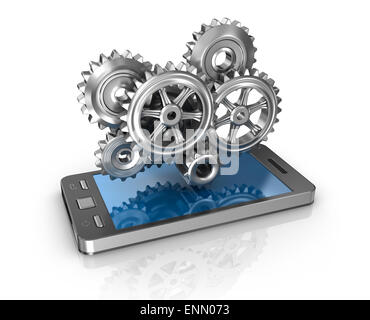 Telefono cellulare e gli ingranaggi. Application Development Concept. Foto Stock