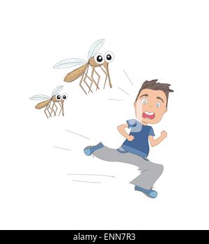 Ragazzo corre lontano dalle zanzare Illustrazione Vettoriale