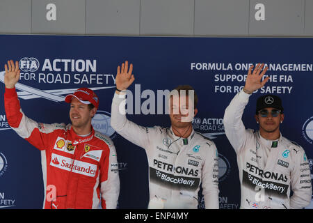 Barcellona, Spagna. 09 Maggio, 2015. Circuit de Catalunya di Barcellona, Spagna, giornata di qualifica. Mercedes AMG Petronas conducente Nico Rosberg prende la pole davanti al compagno di squadra Lewis Hamilton e il terzo posto va alla Scuderia Ferrari driver Sebastian Vettel Credit: Azione Plus immagini di sport/Alamy Live News Foto Stock