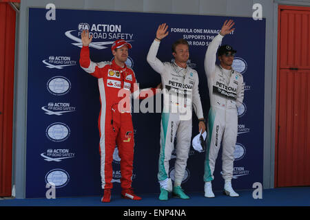 Barcellona, Spagna. 09 Maggio, 2015. Circuit de Catalunya di Barcellona, Spagna, giornata di qualifica. Mercedes AMG Petronas conducente Nico Rosberg prende la pole davanti al compagno di squadra Lewis Hamilton e il terzo posto va alla Scuderia Ferrari driver Sebastian Vettel Credit: Azione Plus immagini di sport/Alamy Live News Foto Stock