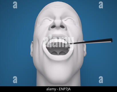 Illustrazione dell'uomo con apparecchiature dentali in bocca su sfondo blu Foto Stock