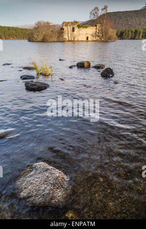 Le rovine del castello sul Loch un Eilein in Scozia. Foto Stock