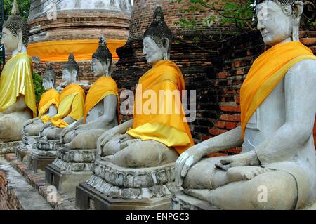 Ayutthaya, Thailandia: una fila di Buddha seduto drappeggiati con arancia e zafferano sciarpe di seta di Wat Yai Chai Mongkon Foto Stock