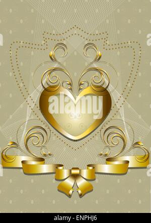 Cuore d'oro con decorazioni dorate e la prua Illustrazione Vettoriale