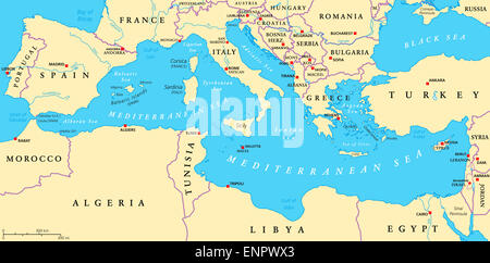 Mare Mediterraneo Regione Mappa Politico Foto Stock