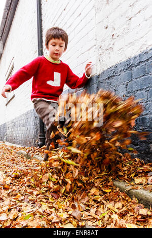 Bambino caucasico, ragazzo, 8-9 anni, camminando lungo una strada coperta di uscita verso lo spettatore, calciando le foglie in alto in aria. Autunno. Foto Stock