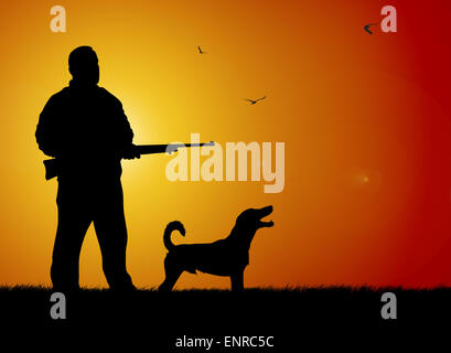 Illustrazione del cacciatore e hound sagome su sfondo al tramonto Foto Stock