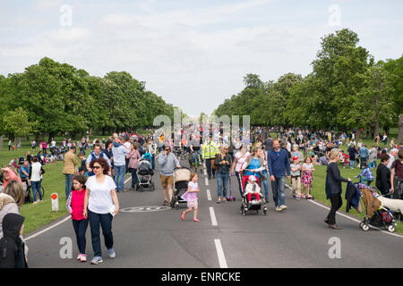 Londra, Regno Unito. Il 10 maggio, 2015. La folla a piedi verso il basso Chestnut Avenue a Londra il Bushy Park. Chestnut la domenica è il giorno più grande nel parco calendario. Ogni anno la domenica più vicina al 11 maggio da persone provenienti da tutte le parti di Londra e il Sud Est a unirsi alla nostra tradizione locale di celebrare il fiore sulla magnifica ippocastani nel parco. Durante la II Guerra Mondiale Bushy Park è stato sequestrato come il Quartier generale supremo della Allied Expeditionary forze e che è stata la base dalla quale generale Eisenhower previsto lo sbarco in Normandia. Domenica di castagno si è evoluta attraverso la sua lunga storia ma il Foto Stock