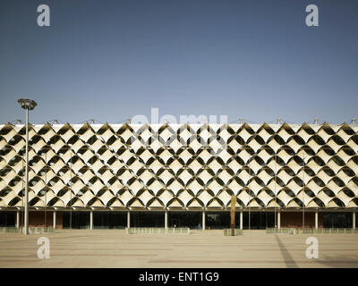 Vista in elevazione frontale con urban square e filigrana facciata tessile. King Fahad Biblioteca Nazionale, Riyadh, Arabia Saudita. Architetto: Ger Foto Stock