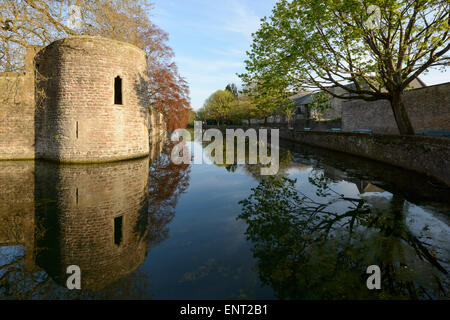 Le pareti del Palazzo Vescovile che si riflettono nei suoi dintorni simili a specchio fossato a Wells, Somerset. Foto Stock