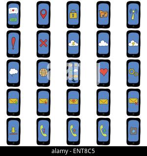 Set di doodle telefoni con diverse funzioni Illustrazione Vettoriale