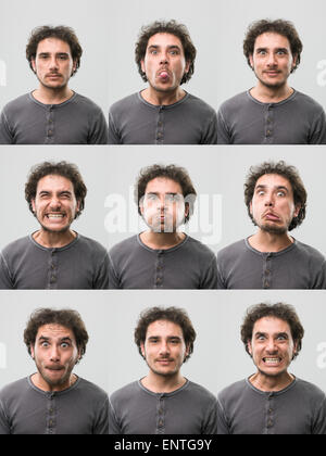 Giovane uomo con diverse espressioni del viso. digitale immagine composita Foto Stock