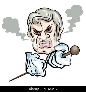 Illustrazione umoristica di Angry Man con una canna disegnato in stile cartoon. Isolato su sfondo bianco. Illustrazione Vettoriale