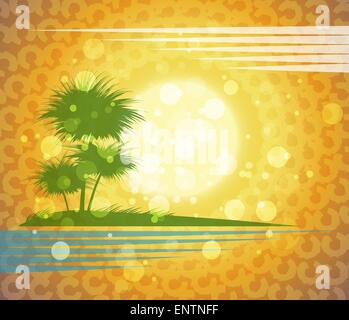 Alberi di palma su una spiaggia tropicale contro il tramonto. Illustrazione Vettoriale