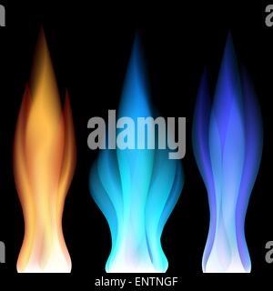 Set di colorate fiamme di fuoco su sfondo nero Illustrazione Vettoriale